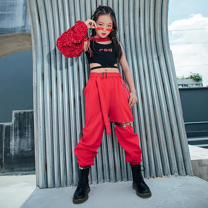 Las niñas traje de baile de Jazz rojo de lentejuelas-de manga larga pantalones con huecos Children'S salón de baile de Hip Hop ropa Festival DN9969