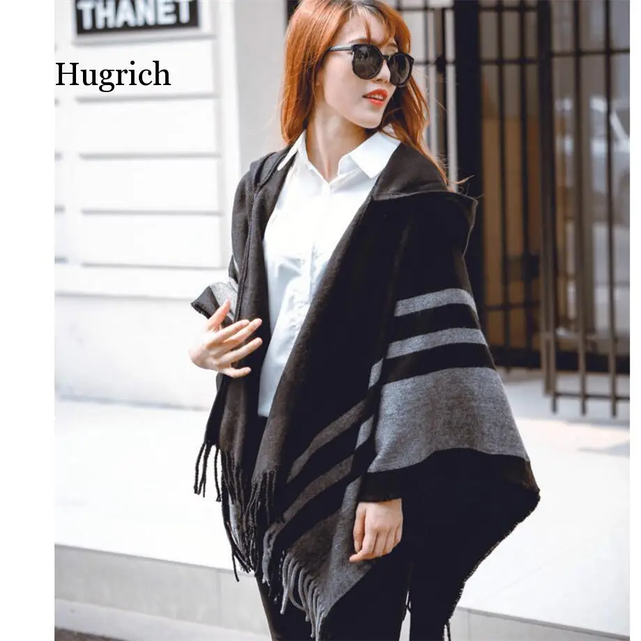 High Quality Women Winter Scarf Fashion Striped Black Beige Ponchos and Capes Hooded Thick Warm Shawls and Scarves Femme Outwear