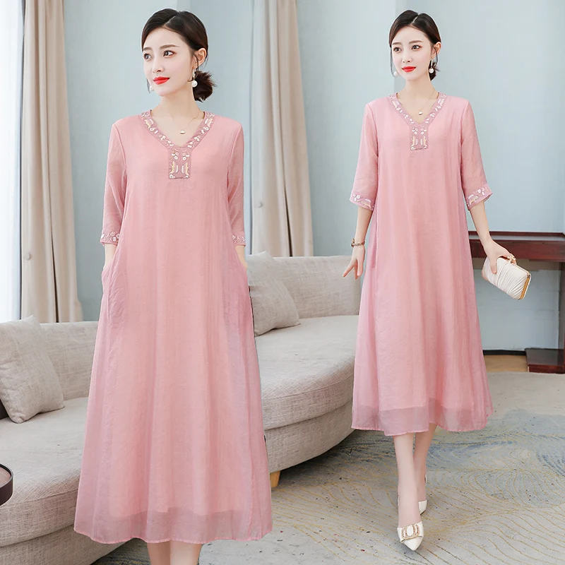 New Cotton Embroidery Loose Large Hem Women's Dress Simple Korean Stitching Three-quarter Sleeve Women Clothes