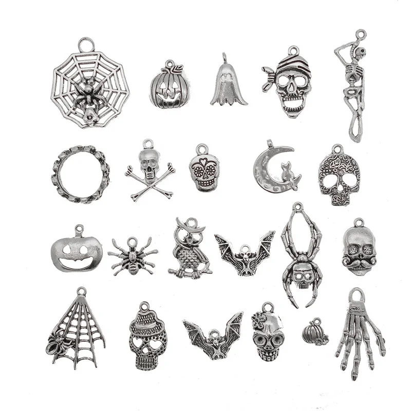 Julie Wang 20PCS Halloween Charms Mix Alloy Ghost Pumpkin Bat Spider Cobweb Cat Skull Skeleton Pendant Jewelry Making Accessory