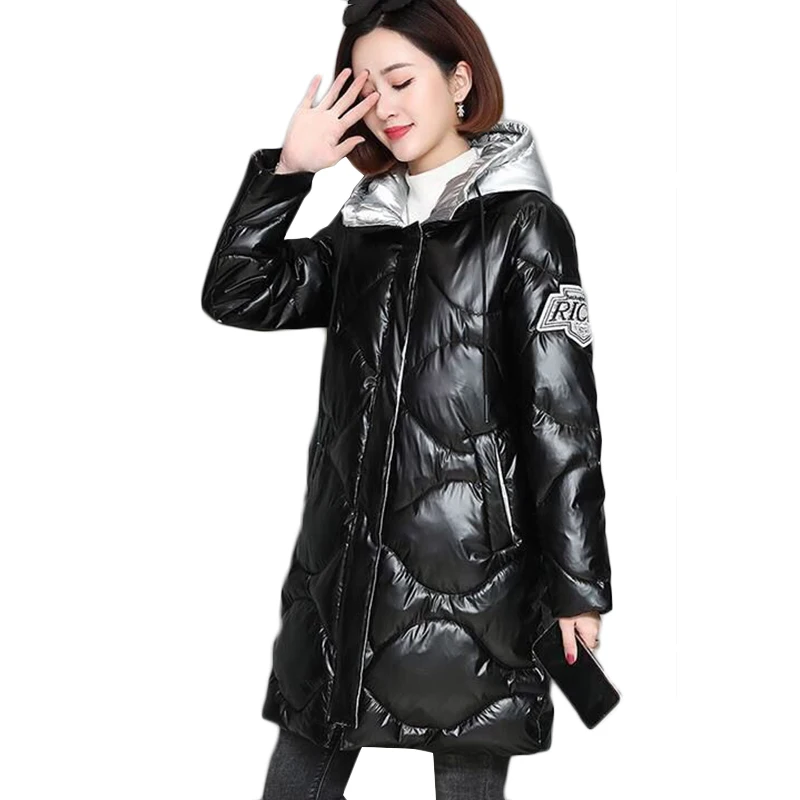 Parka à capuche en coton brillant pour femme, veste longue, pardessus décontracté, sans lavage, grande taille, optique chaude, hiver, nouveau, 2024