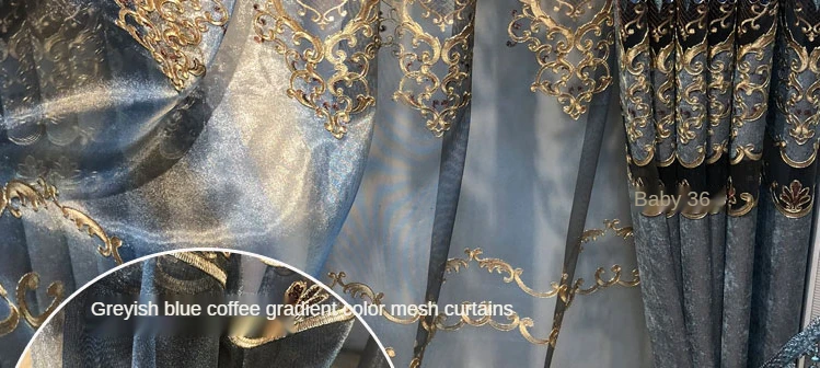 Hochwertige Verdunkelungsvorhänge in Grau und Blau mit Stickerei für Wohnzimmer, Schlafzimmer, bestickter Tüll, individuelle Volantvilla – Detail 28