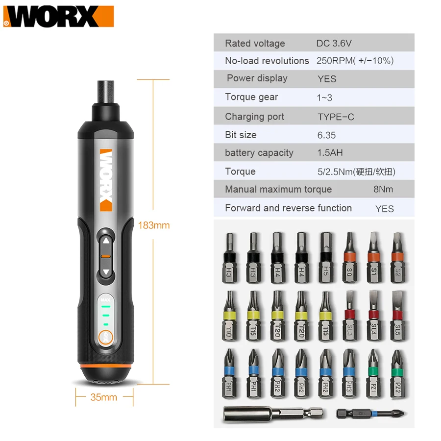 Worx WX240สมาร์ทไร้สายไขควงไฟฟ้า USB ชาร์จมือถือ