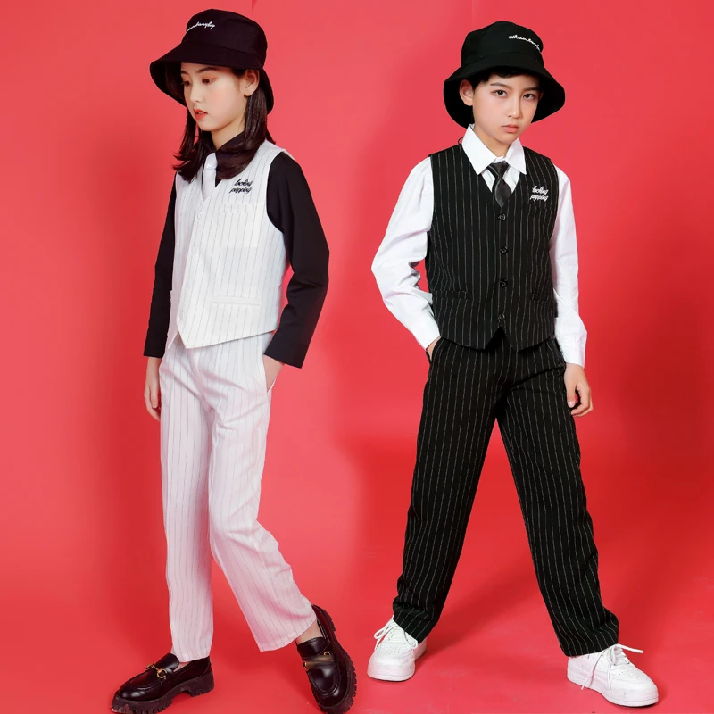 Kids Hip Hop Costume Boys Popping Suit Vest Pants Black/White Street Dance Clothing For Girls Jazz Performance Stage Wear BL5851