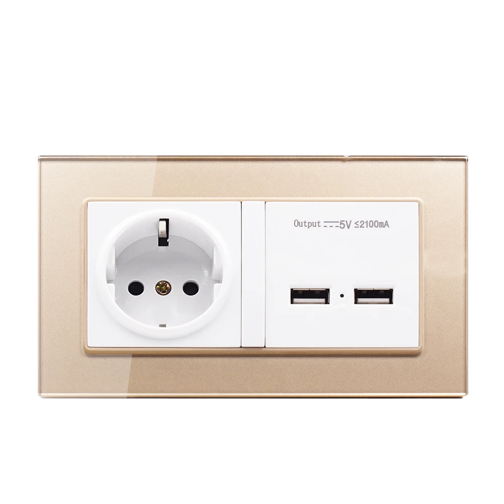 Wall Socket Eu Standard Power Outlet With Dual Usb Smart Induction Charge Port For Mobile 2.1a Crystal Glass Panel