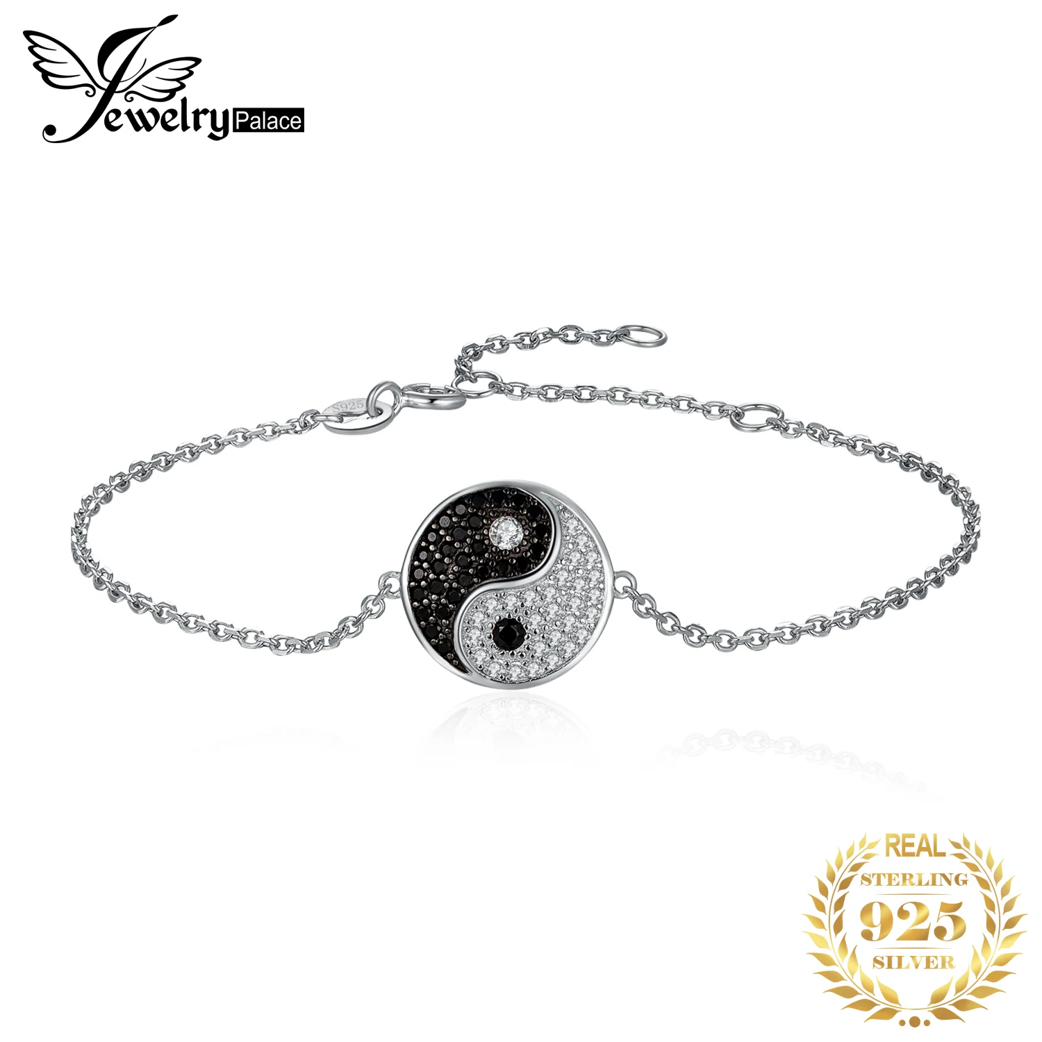 JewelryPalace Tai Chi Yin Yang 925 Sterling Silver Chain Link Bracelets for Women Natural Black Spinel Round Gemstone Bracelet