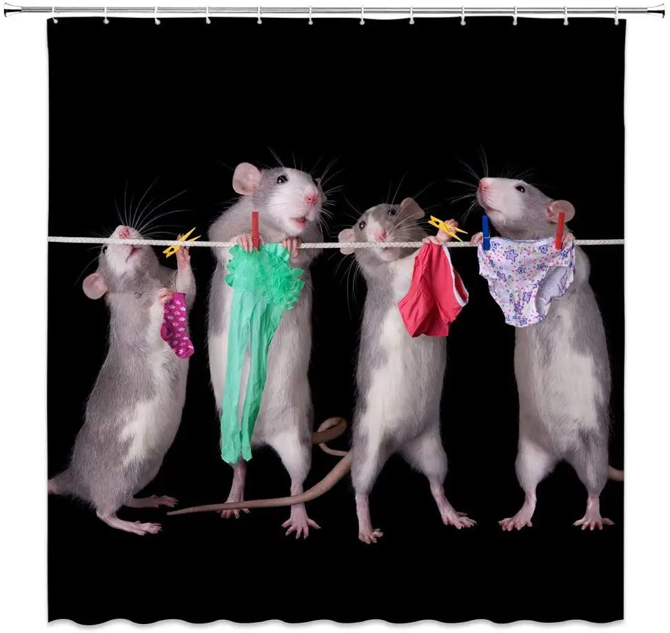 Fun Rats Hanging Clothes Decor Black Shower Curtain Creative Animal Mouse