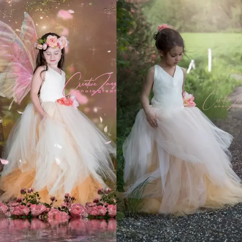 رائع الخامس الرقبة زهرة فتاة فساتين تول الكرة ثوب الدانتيل حتى الظهر الفتيات فساتين المسابقة طفل فستان حفلة عيد ميلاد