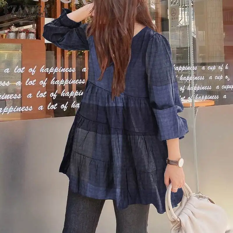 Womens 2023 Autumn Ruffle Blusa ZANZEA Fashion Blouses Casual Puff Sleeve Pullover Lady Retro Plaid Check Loose Tops  7