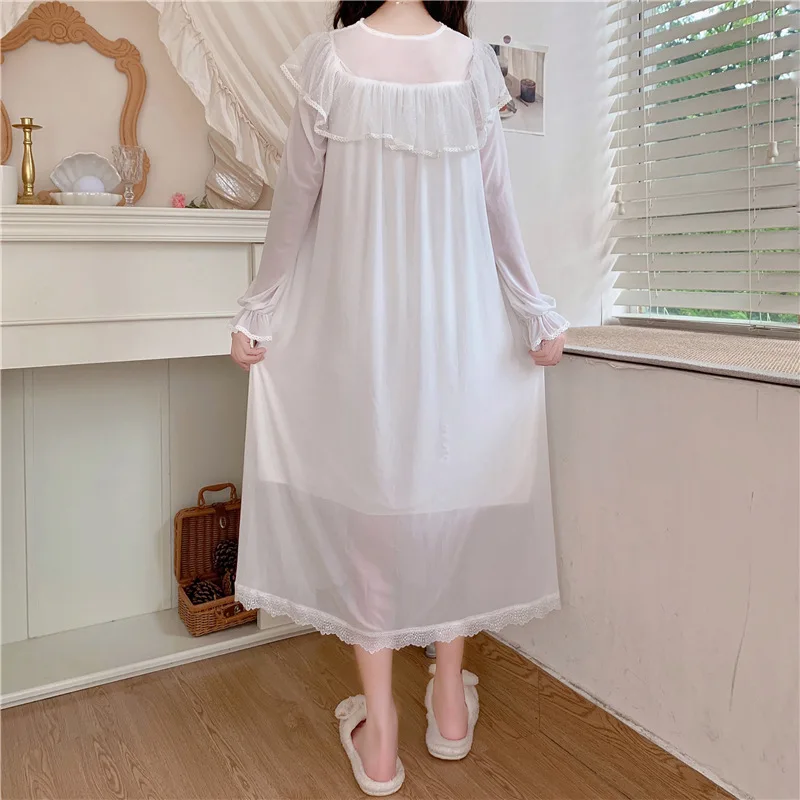 Victorian Vintage White Nightgown Women Nighty Mesh Lace Lolita Night Dress Princess Peignoir Robe Women\'s Sleepwear Lounge Wear