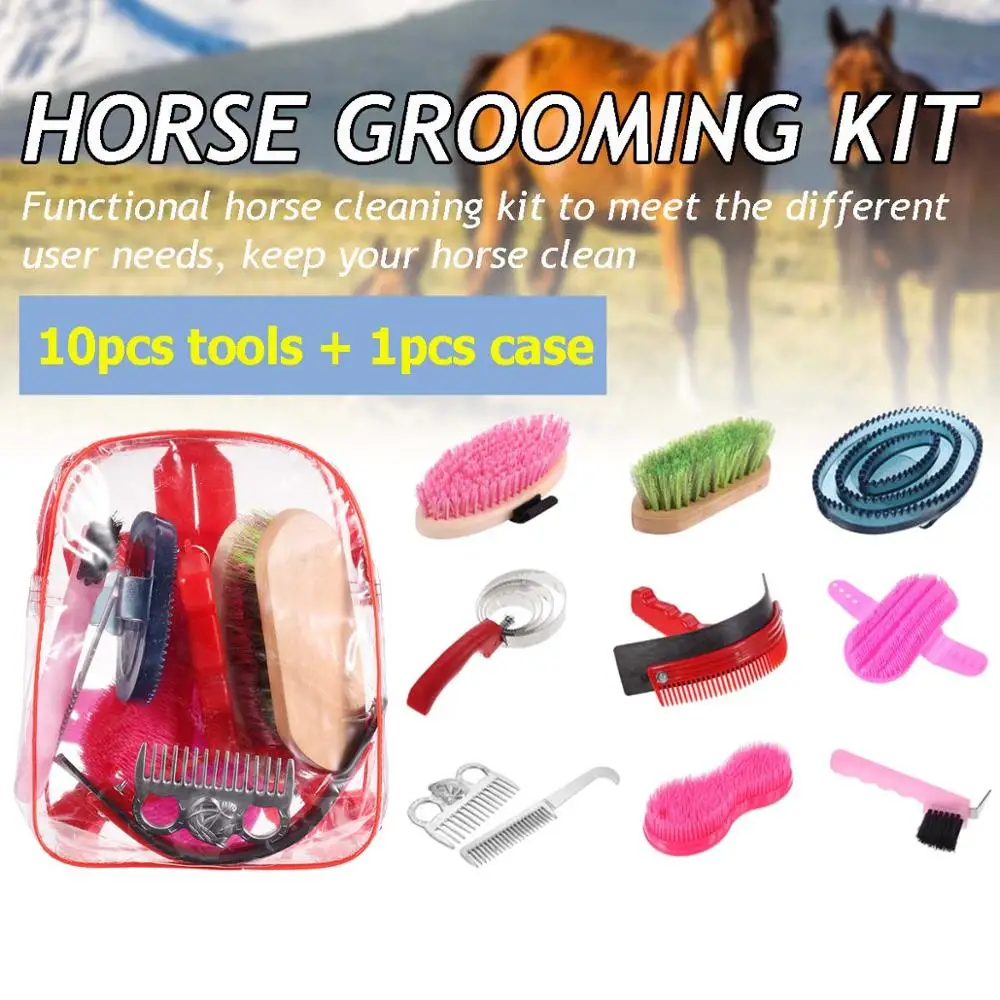 

10pcs Horse Care Grooming Equestrian Kit Scraper Brush Comb Hoof Pick Carry Case