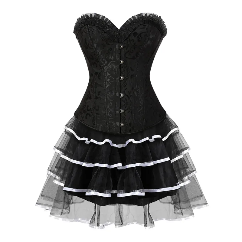 Women Spiral Steel Boned Overbust Corset  Victorian  Corselet with Skirt tutu Set Sexy Satin  Strapless Lace Up Bustier Corsets