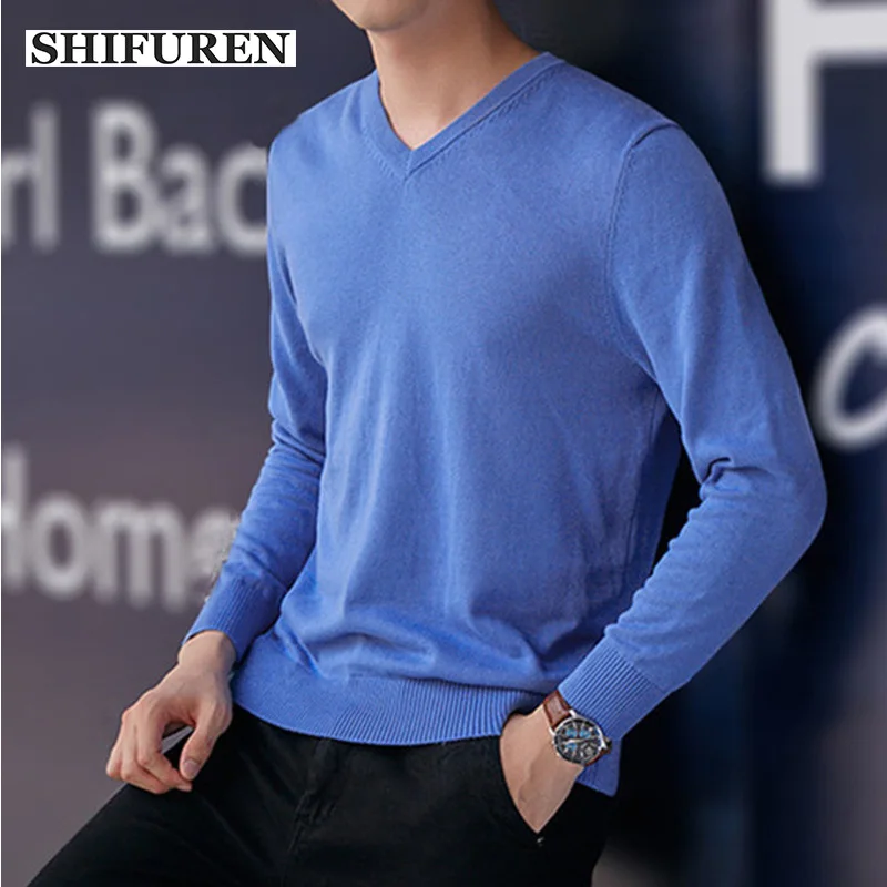 

SHIFUREN 2019 Winter Casual Men's Sweater V-Neck Long-sleeved Warm Knitted Pullover 100% Cotton Pull Homme Knitwear Tops