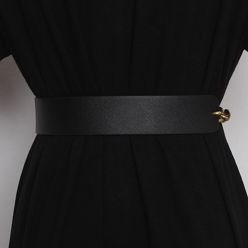 Women's Runway Fashion PU Leather Gold Chain Cummerbunds Female Dress Corsets Waistband Belts Decoration Wide Belt TB2029