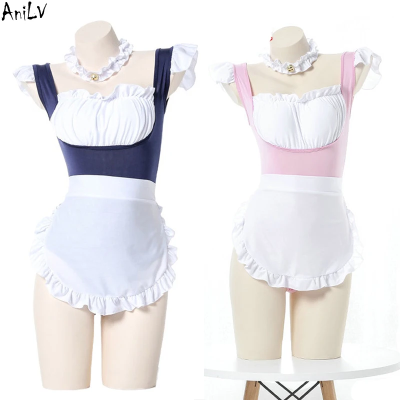 AniLV dziewczyny Backless Tight trykot body kostium kąpielowy śliczne Anime Maid Bell stroje kąpielowe mundurek pokusa bielizna Cosplay