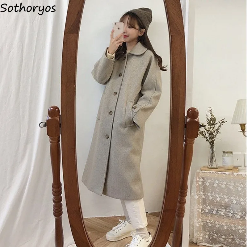 

Wool Blends Women Long Thickening Knee Length Single Breasted Womens Elegant Streetwear Harajuku Warm Leisure Trendy Overcoat