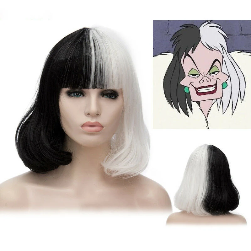 

CRUELLA de Vil Short Black White Ms. Spot Hair Deville Dalmations Heat Resistant Cosplay Costume Wigs + Wig Cap