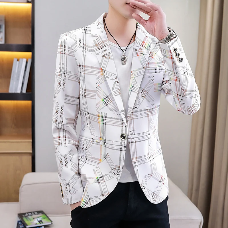 2021 New Plaid Blazers Men Slim Fit Business Casual Suit Jacket Korean Wedding Social Office Dress Coat Streetwear Costume Homme