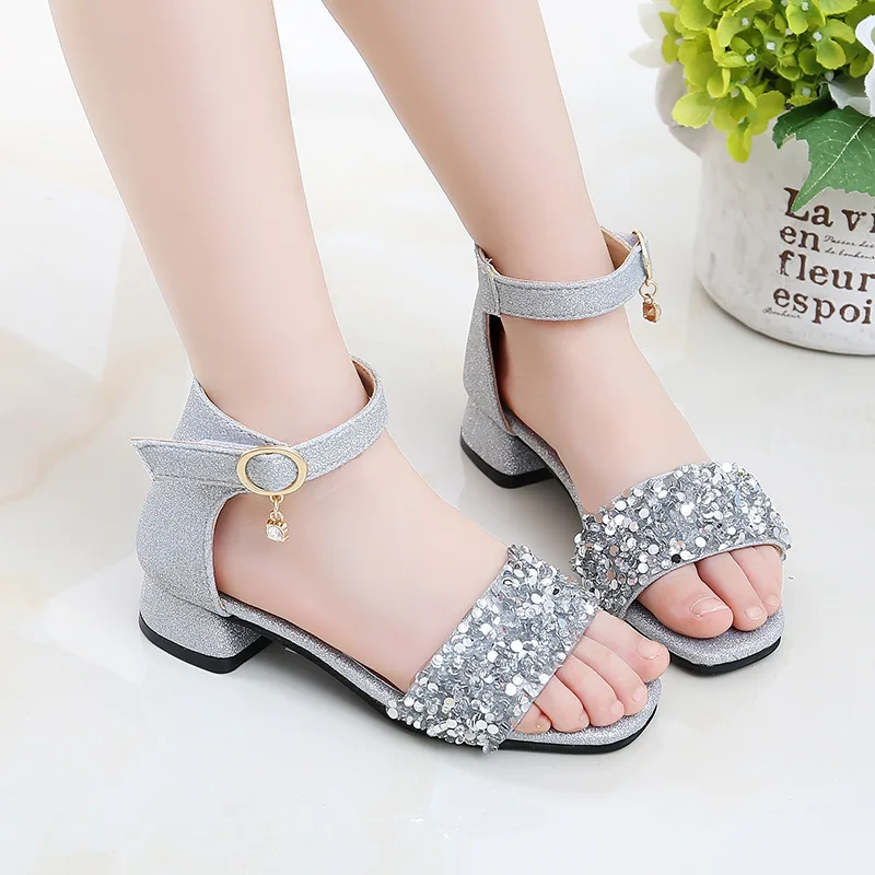 Teenagers little girls summer high-heeled rhinestone princess sandals for girls school wedding and party dance sandals shoes new