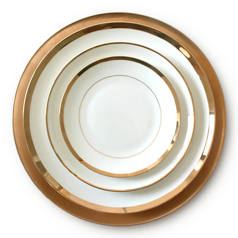 Ceramic Plate Dinner Tray Vajillas Circular White Gold Rim Plate Restaurant Dinnerware Dish Tableware Plate Steak Flat Dish 1pcs