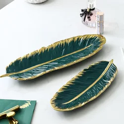 Nordic Style Leaf Shape Ceramics Tray Oval Metal Gold Snack Fruit Cake Plate European Jewelry Display Tray Home Decor 1pc