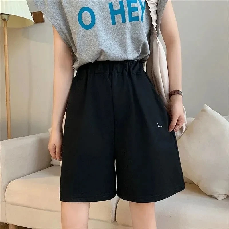 Joggers Women Embroidery Casual Straight Streetwear Shorts Korean Style Elastic High Waist Solid Vintage Harajuku Shorts Female