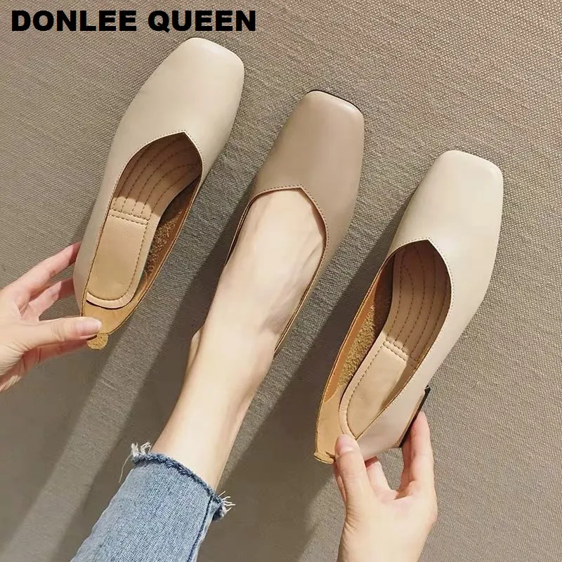 New Spring Flats Shoes Women Wooden Low Heel Ballet Square Toe Shallow Brand Shoe Slip On Loafer zapatos de mujer big size 36-41