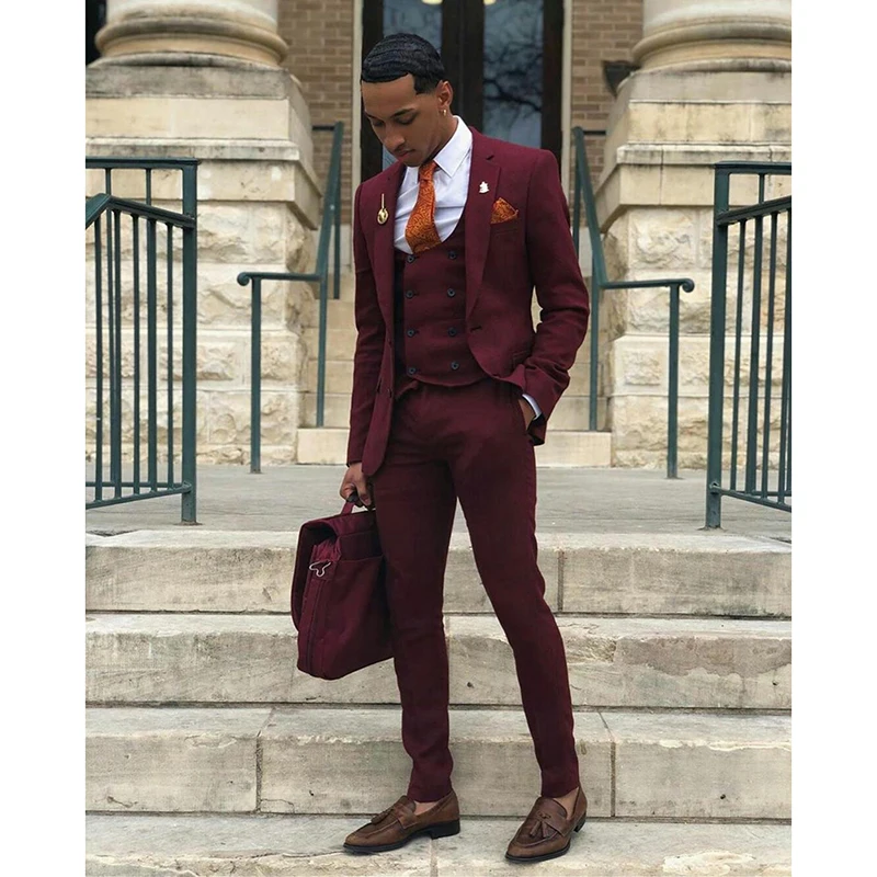 Burgundy Slim Fit Mens Prom Suits Notched Lapel Wedding Suits For Men Tuxedos Three Pieces Blazers Jacket Pants And Vest Terno