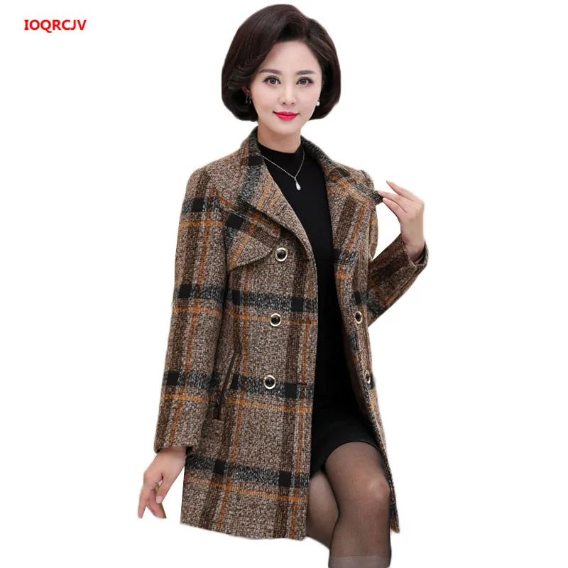 Women\'s Woolen Coat Winter Add Cotton Warm Windbreaker Jacket Temperament Mother Clothing Plaid Wool Coat 5XL W1705