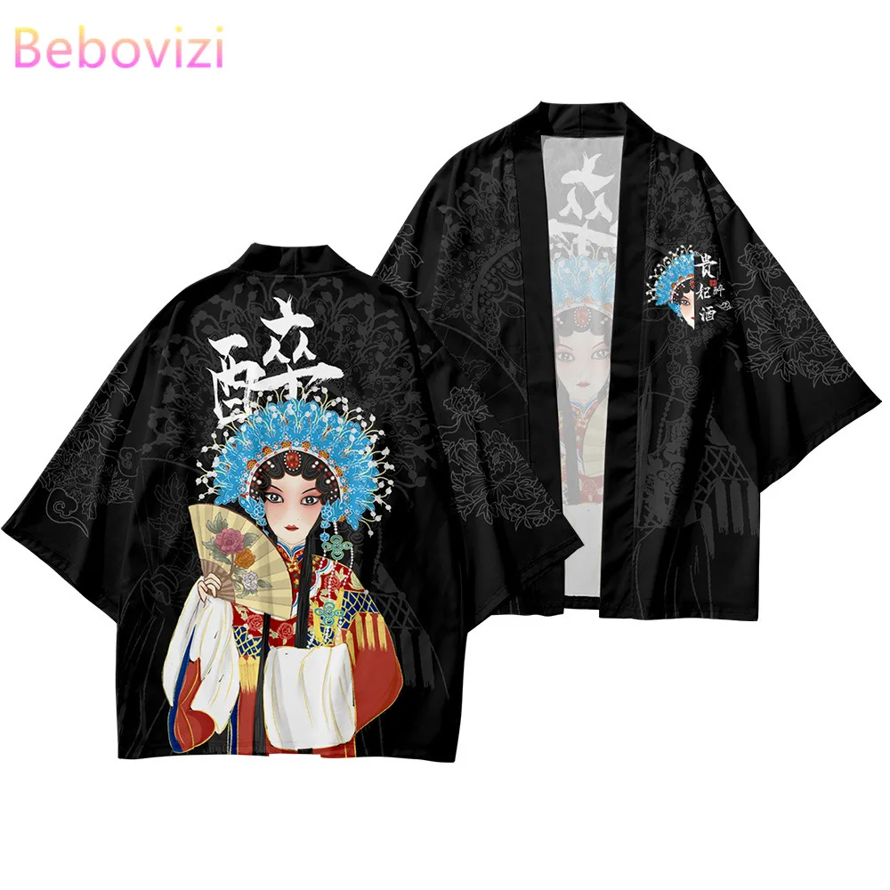 Plus Size XS-6XL Fashion China Fengjing Opera Print Beach Japanese Kimono Robe Sets Cardigan Men Yukata Haori Women's Clothing