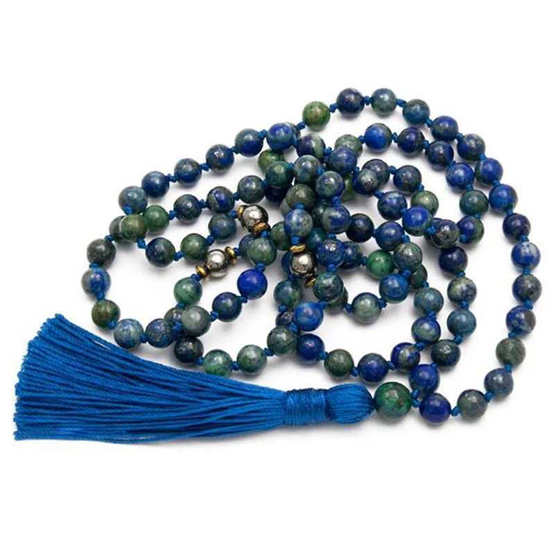 8mm Blue Azurite Gemstone 108 Beads manual mala Necklace Yoga Religious Retro Prayer Lucky Bless  Men