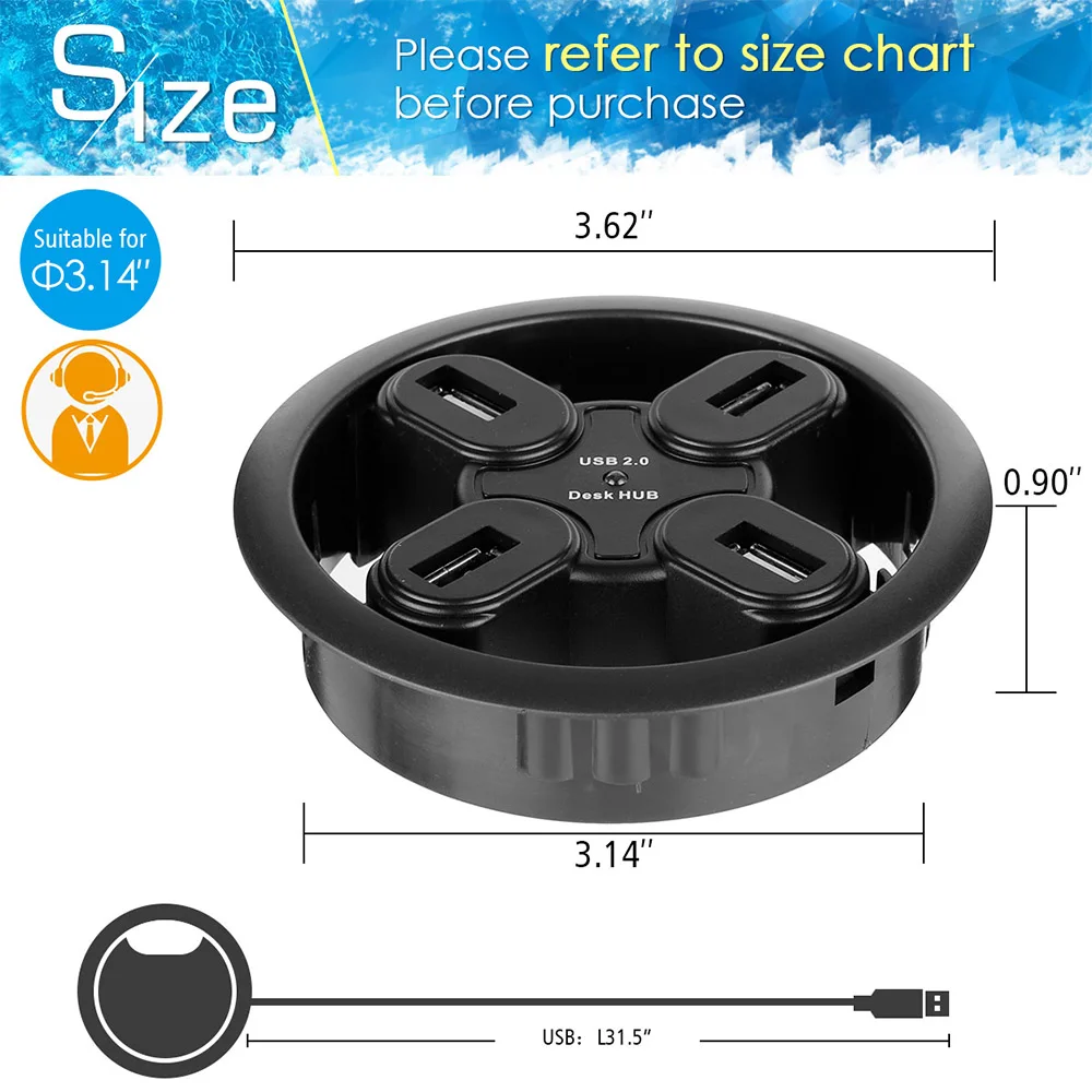 Office Computer Desk Round Hole USB2.0 Splitter USB Hubs Converter Laptop/PC/Mac Expansion Interface 4 Port 1.5 Plug Play