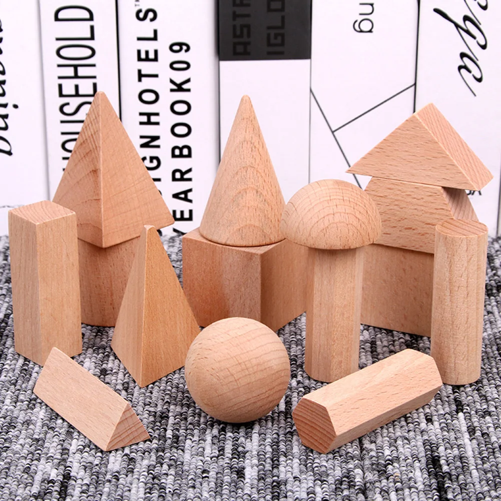 15 Pcs Wooden Blank 3D Geometry Solid Blocks Kids Learning Math Educational Toy