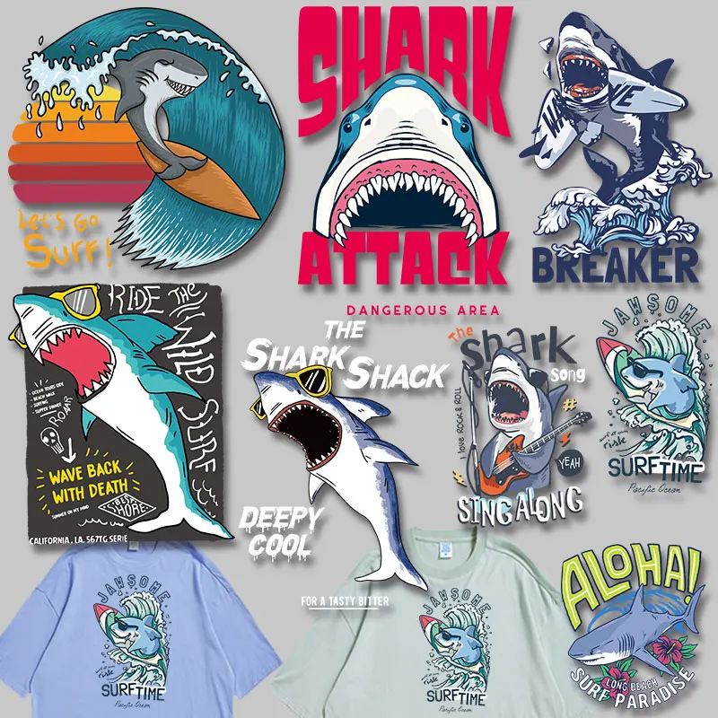 Cartoon animals Shark Iron-on Transfers Patches for Kids Clothing Jacket Applique on Clothes Heat Transfer printing