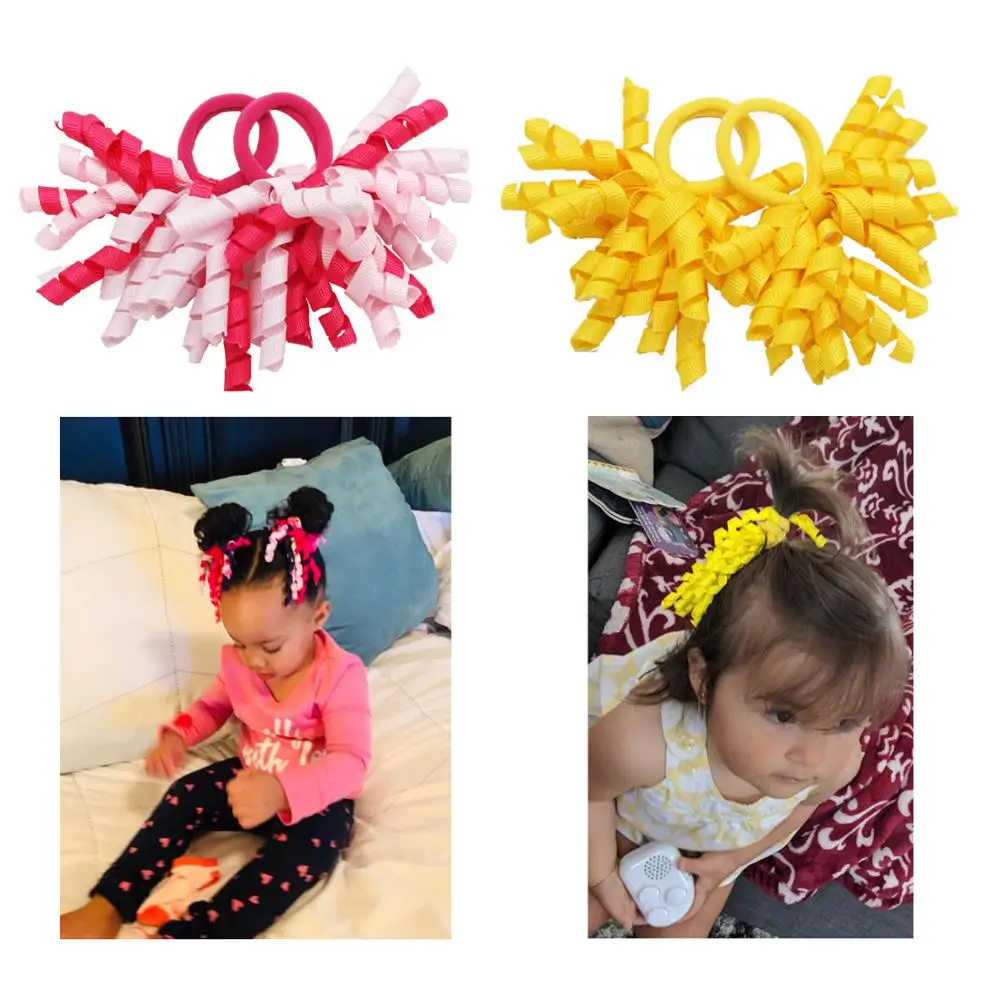 Baby Girls Elastic Hair Ties 3Inch Mix Color Grosgrain Ribbon Curly Korker Bows with Ties For Kids Children Rubber Bands