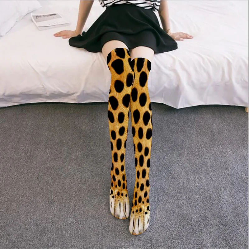 New Creative Animal Foot Printed Women Over the Knee Socks Cartoon Cat Tiger Claw Ladies 3D Print Funny Animal High Socks