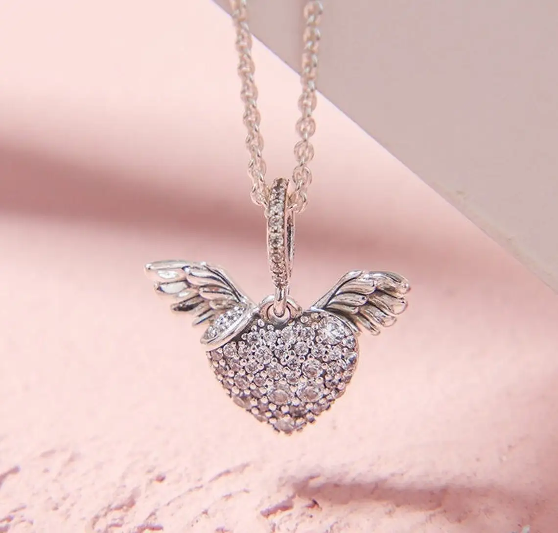 925 Sterling Silver Pavé Heart & Angel Wings Fashion Pendant Necklace