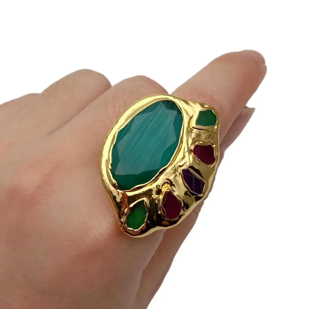 YYGEM Faceted Green Cat Eye Multi Color Agate Gold Plated Ring Adjustable