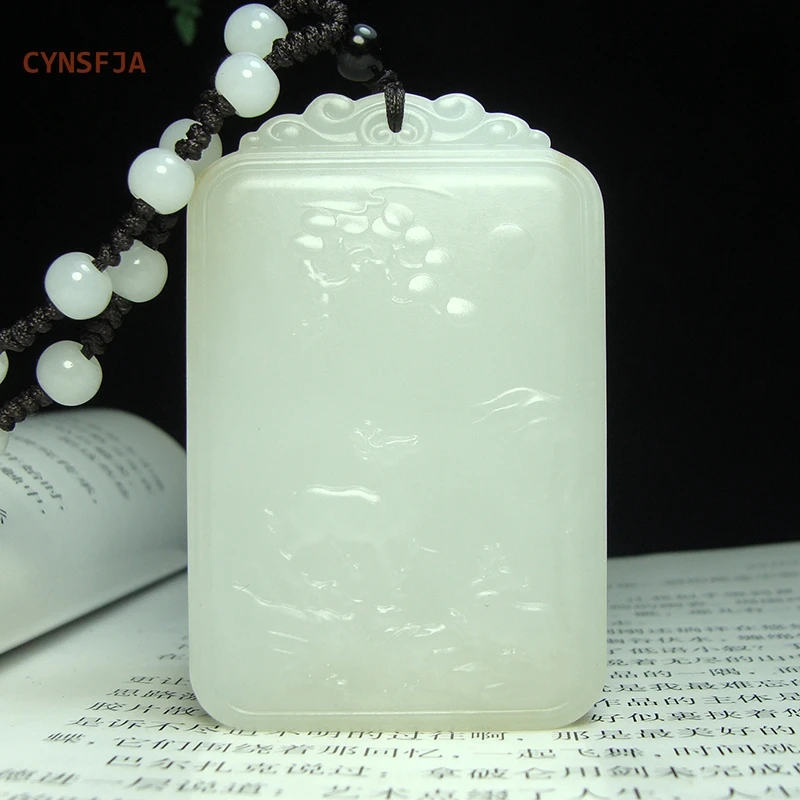 

CYNSFJA New Real Rare Certified Hetian Mutton-fat Nephrite Lucky Amulets Wealth Deer White Jade Pendant Hand Carved High Quality