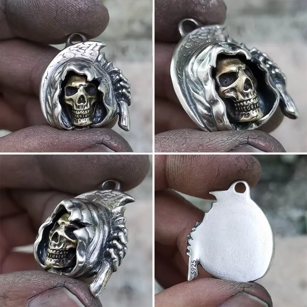 

Brass Skull 925 Sterling Silver Sickle Death Pendant Mens Punk Pendant TA53B JP