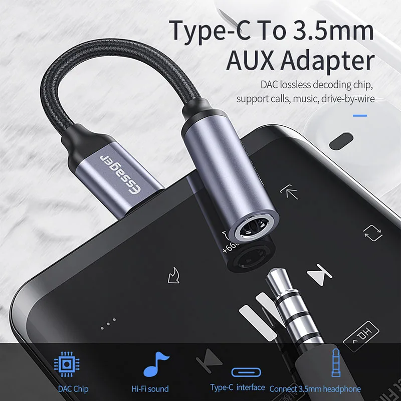 Essager USB Type C 3.5 Jack Earphone Adapter USB C to 3.5mm Headphones AUX Audio Adapter Cable For Huawei P30 Xiaomi Mi 10 9