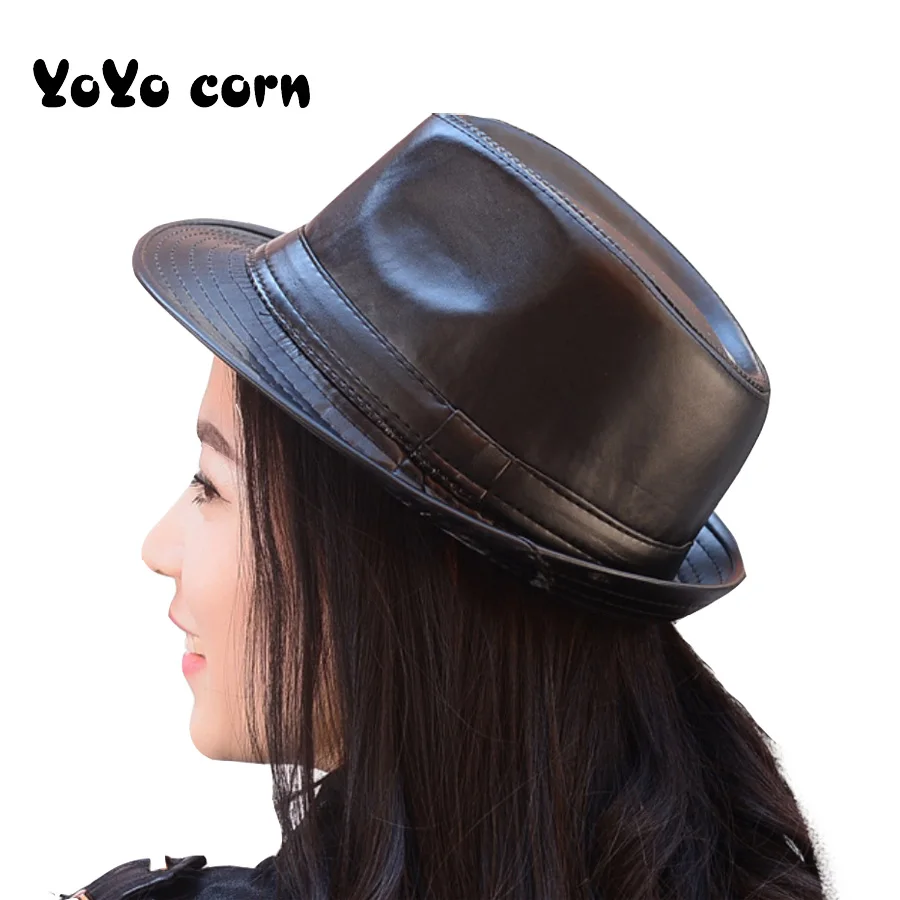 Solid color Leather Man\'s hat Wide Brim Stetson Fedoras British Hats For Men/Women Gentman Black Fitted Jazz Hip-Pop Gorras cap