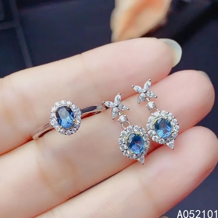 

KJJEAXCMY Fine Jewelry 925 sterling silver inlaid natural blue topaz girl popular earring ring set support test Chinese style