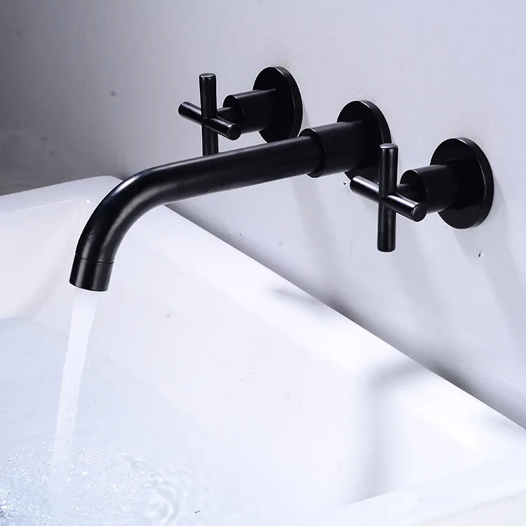 

MTTUZK Quality Brushed Gold Solid Brass Basin Faucet Hot Cold Mixer Matt Black Wall Mounted Concealed 3 Holes Basin Faucet