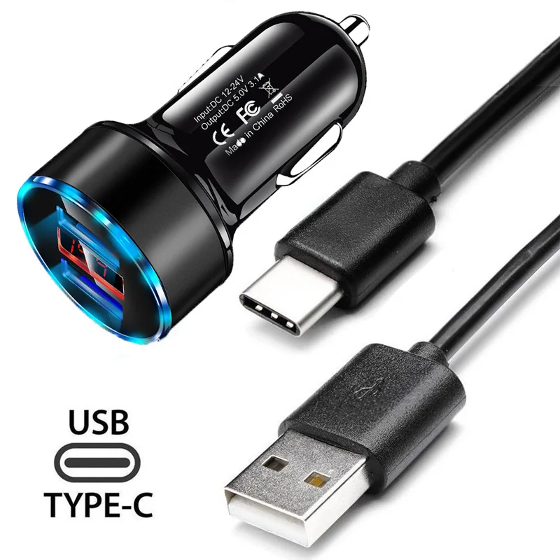 3.1A Dual USB Car Charger Type USB C Phone Cable For Xiaomi 11 10T Pro lite POCO F3 M3 X3 NFC X2 Pro Type C Charging Cable