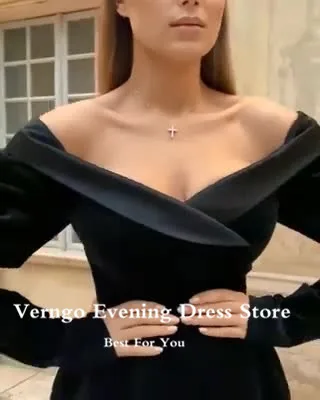 Verngo Off the Shoulder Black Velour Cocktail Dress Long Sleeves Prom Party Gowns Mini Formal Women Occasion Dress Custom Made