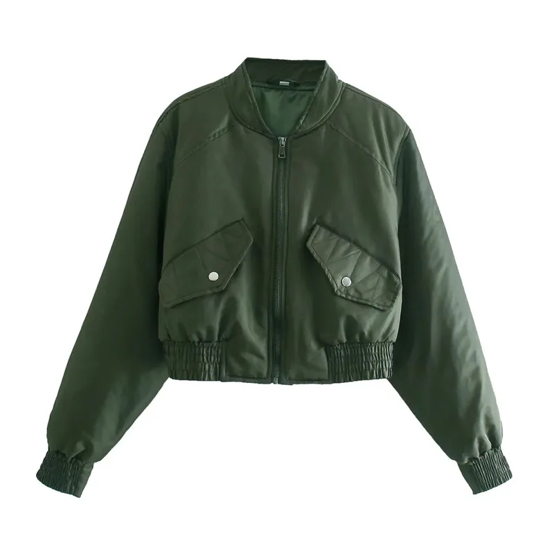 Merodi-Women's Long Sleeve Pockets Bomber Jackets, Green Coats, Chic Ladies Outwear,  Monochromatic, Autumn, Winter, 2021