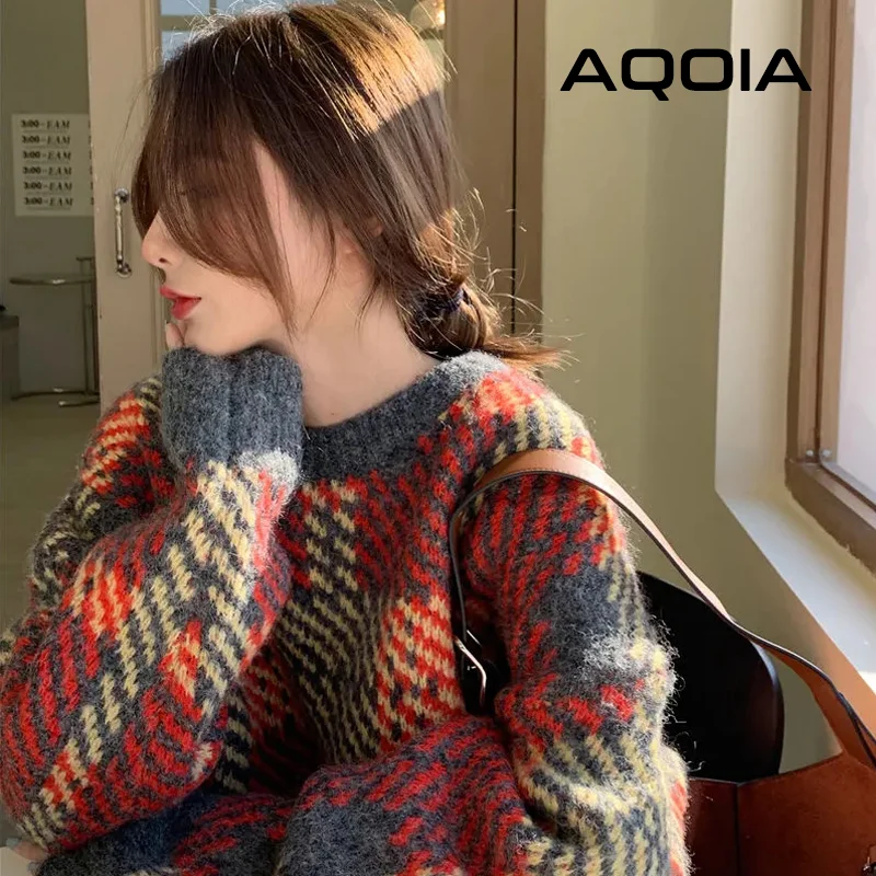 2022 Winter Vintage Knit Female Pullovers Oversize Long Sleeve Patchwork Women Sweater Korean Loose Woman Sweaters Clothing