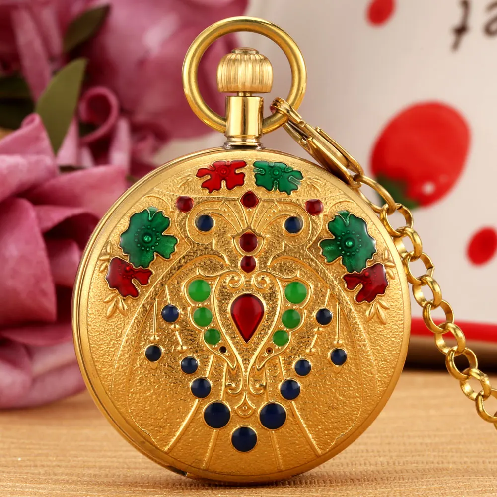 Machine Pocket Watch High-Quality Dumb Gold Copper Case Clock Pendant Gutta Percha Flower Pattern Exquisite Gorgeous Necklace