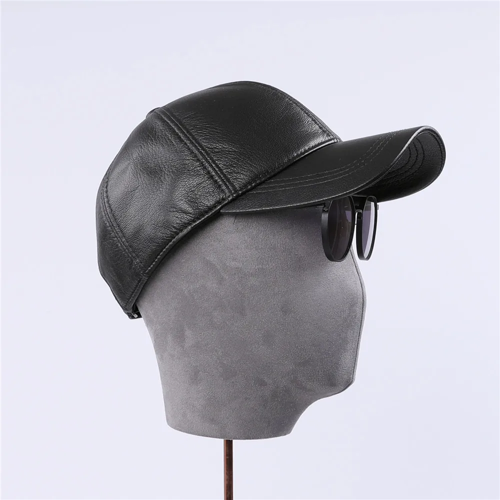 Genuine Leather Baseball Cap Men Black Cowhide Hat Snapback Male Adjustable Autumn Winter Real Leather Peaked Hats